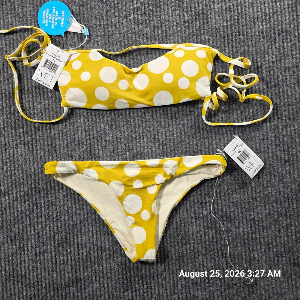 WET Swimwear Ginger Polka Dot Bikini Set Yellow White XS K4415T K4415B NEW